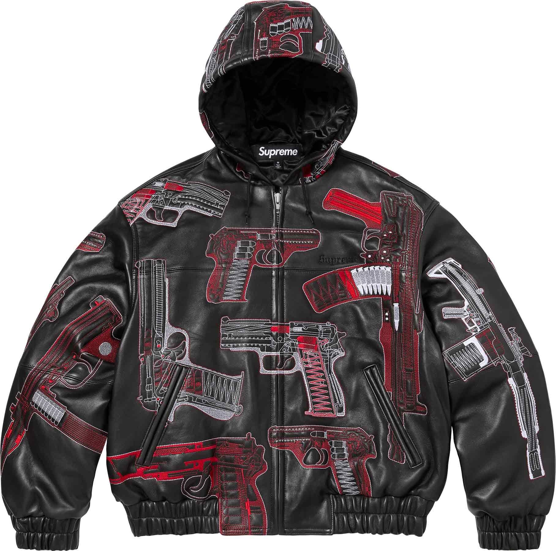 Guns Embroidered Hooded Leather Jacket view 7
